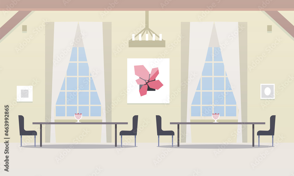 custom made wallpaper toronto digitalLight spacious living room room with two large windows and tables and a bright red painting and false beams vector illustration.