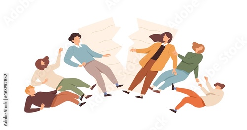 Contract termination concept. Business partners breaching and canceling agreement. People breaking and ending partnership, ripping document. Flat vector illustration isolated on white background