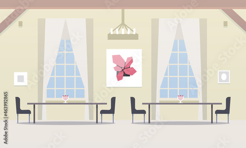 Wallpaper Mural Light spacious living room room with two large windows and tables and a bright red painting and false beams vector illustration. Torontodigital.ca