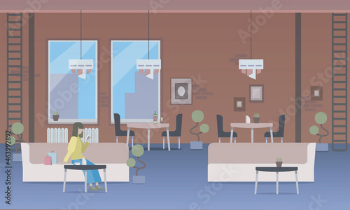 Wallpaper Mural Cafe interior with red brick wall with sofas and chairs and with a sitting girl vector illustration Torontodigital.ca