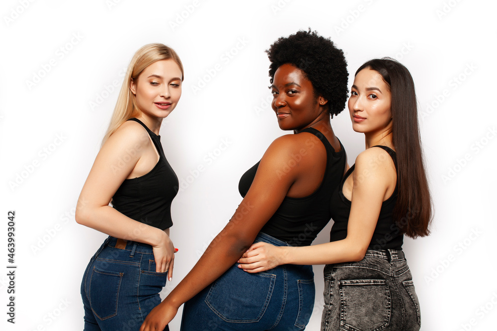 Fototapeta premium diverse multi nation girls group, teenage friends company cheerful having fun, happy smiling, cute posing isolated on white background, lifestyle people concept, african-american, asian and caucasian