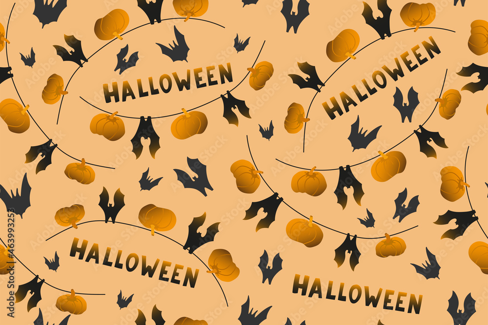 Seamless pattern happy halloween party. Endless orange background with garland of bats and pumpkins. Hand drawing vector clip art graphic elements for creative design, printable textile, card.