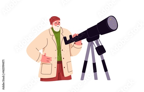 Astronomer observing stars with telescope and studying astronomy. Man scientist exploring and watching for sky. Colored flat vector illustration of senior space explorer isolated on white background