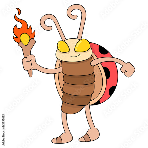 ladybug is walking carrying a torch of light, doodle icon image kawaii