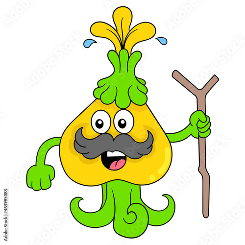 old onion plant walking using a stick, doodle icon image kawaii