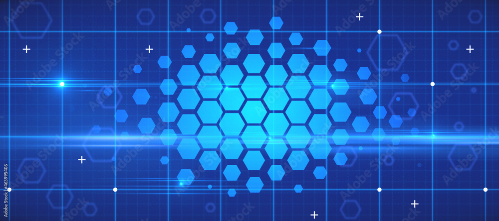 Creative glowing wide hexagonal background in color blue with mesh and grid. Landing page concept. 3D Rendering. Creative glowing wide hexagonal background in color blue with mesh and grid. Landing page concept. 3D Rendering.