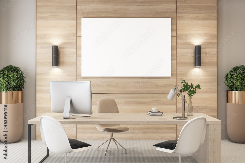 Modern wooden office interior with empty white mock up poster, desktop, equipment and other items. Workplace and design concept. 3D Rendering. Modern wooden office interior with empty white mock up poster, desktop, equipment and other items. Workplace and design concept. 3D Rendering.