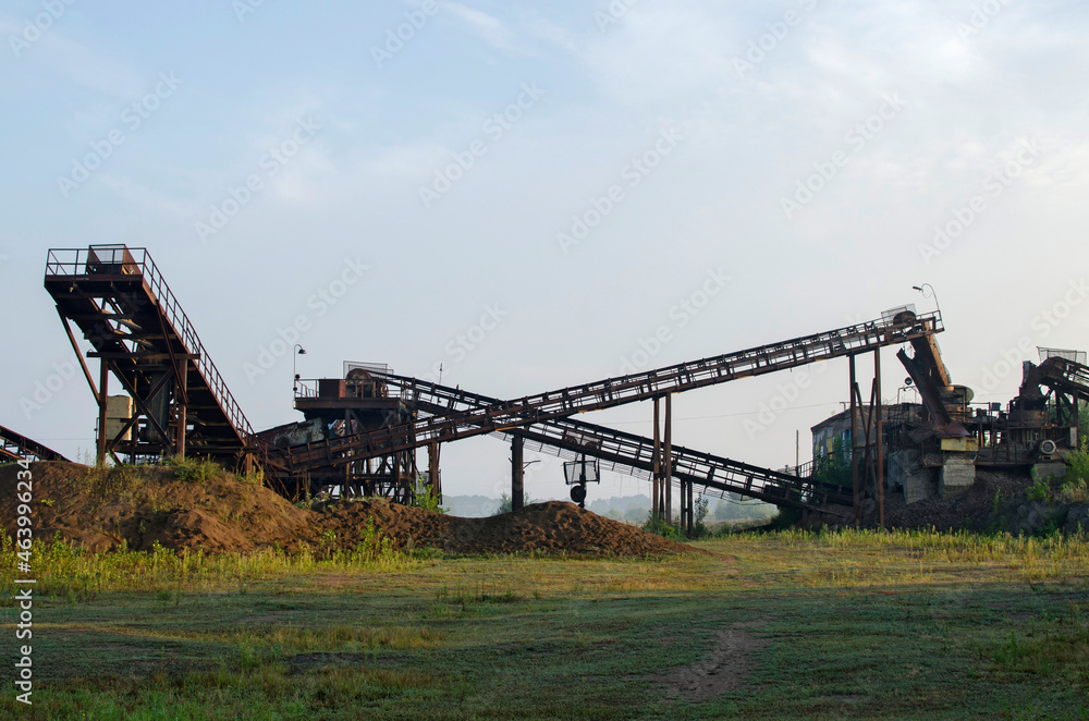 Gravel crusher. View of gravel factory. Rock stone crushing machine