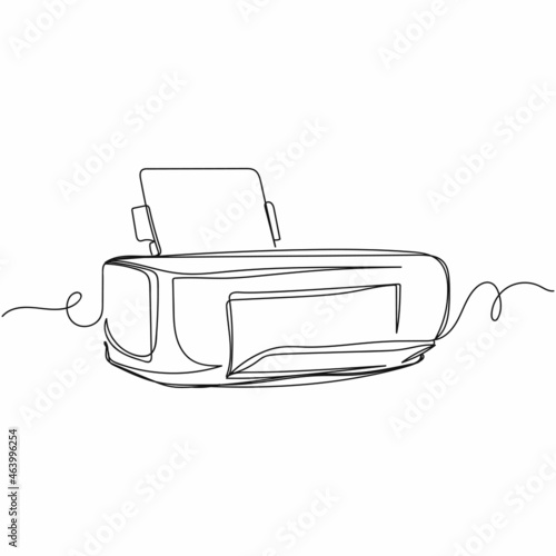 Vector continuous one single line drawing of laser printer in silhouette on a white background. Linear stylized.