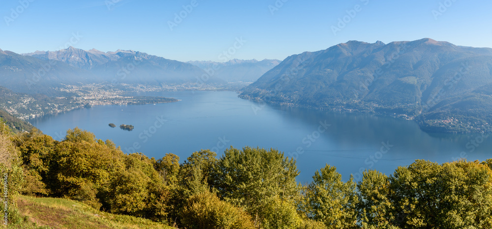 Panoramic view of Lake Maggiore with Brissago Islands surround of Swiss alps in canton Ticino, Brissago, Switzerland