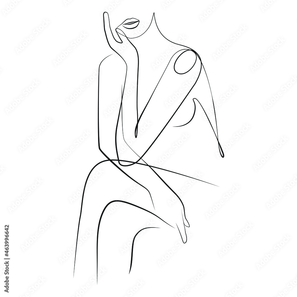 Nude young woman sitting in a relaxed pose holding her hand under her