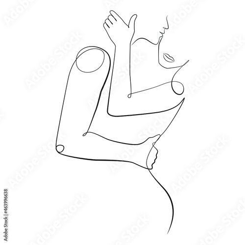 Loving couple line art on white isolated background. A man gently hugging a woman kisses her on the cheek