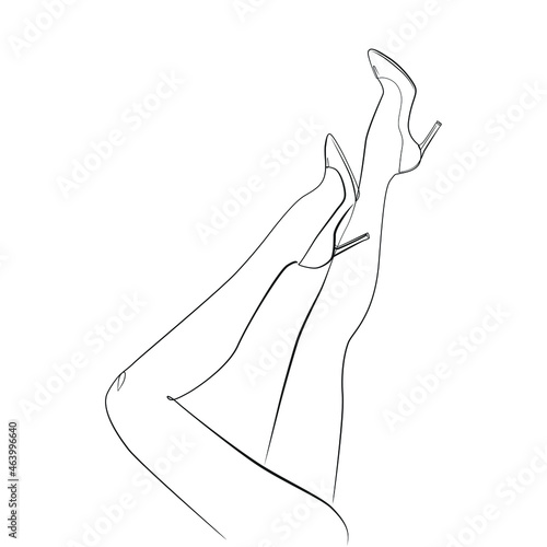 Beautiful female legs with shoes on the feet line art on white isolated background. Vector illustration
