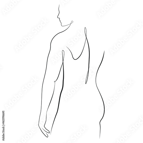 Silhouette of a naked sports man standing with his back one line drawing on white isolated background. Vector illustration