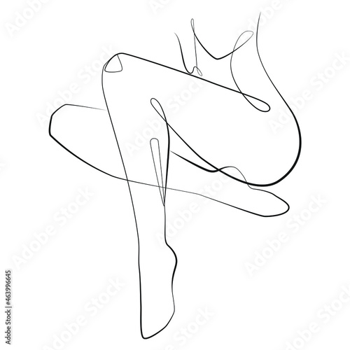 Legs of a young woman sitting cross-legged draws, one line on a white isolated background. Vector illustration