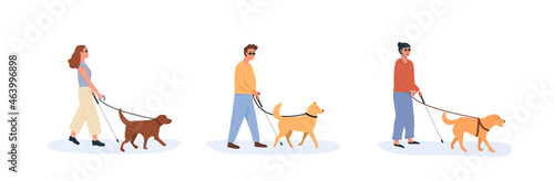 A guide dog with blind person walking together. Set of people with disability using help of dog. Collection of flat style characters. Vector illustration.