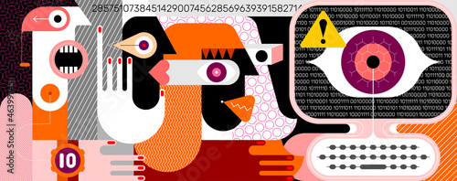 People under influence of global social media. Three people are looking at a computer screen, a large digital eye is watching them from the screen. Modern art vector illustration.