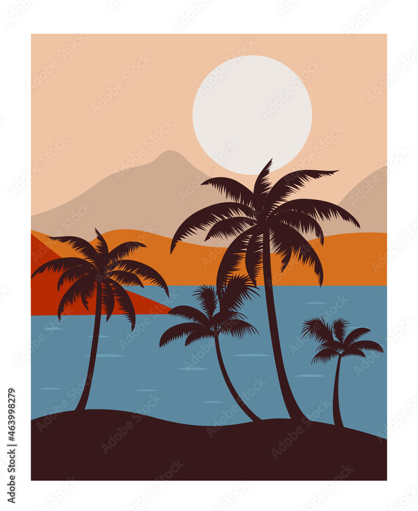 Decoration with a tropical beach with palm trees, sea and mountains