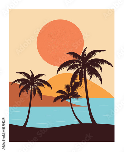 Decoration with a tropical beach with palm trees  sea and mountains