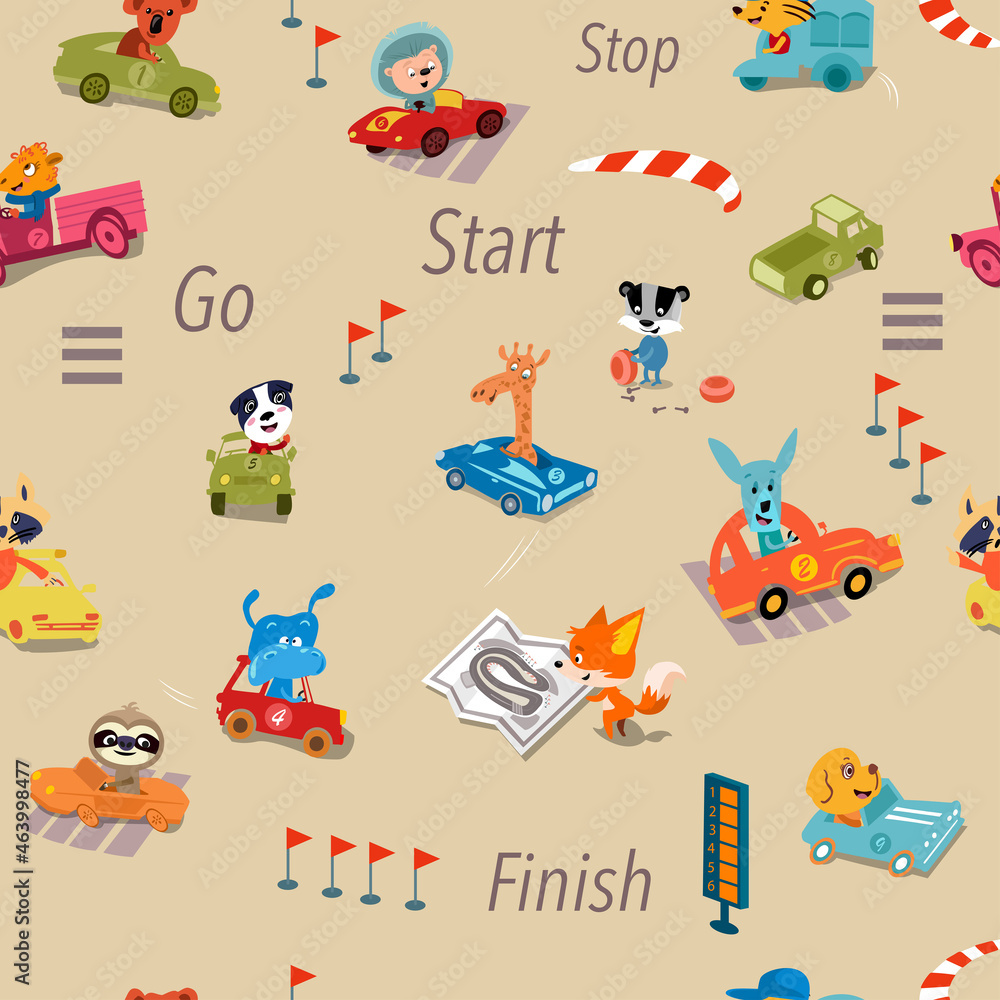 Cars and animals in city. Seamless children pattern. Vector illustration.