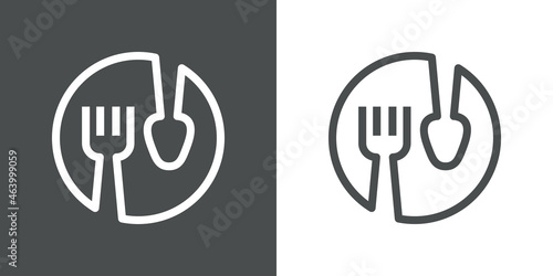 Cubiertos en circunferencia. Logotipo con silueta de tenedor y cuchara en círculo con lineas en fondo gris y fondo blanco
