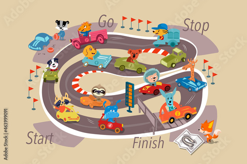 Cute animals in cars on track. Full color cartoon picture. Vector color illustration.