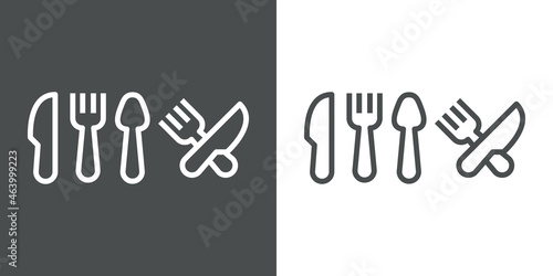 Set de cubiertos. Tenedor y cuchillo cruzados. Logotipo con tenedor, cuchillo y cuchara con lineas en fondo gris y fondo blanco