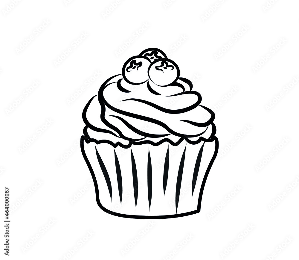 Vector image. Simple doodle of a cupcake with blueberries. Coloring book for children. Template for printing postcards, logo. Vector image. Simple doodle of a cupcake with blueberries. Coloring book for children. Template for printing postcards, logo.