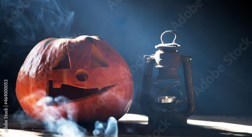 Halloween Pumpkin On Wood In A Spooky Night