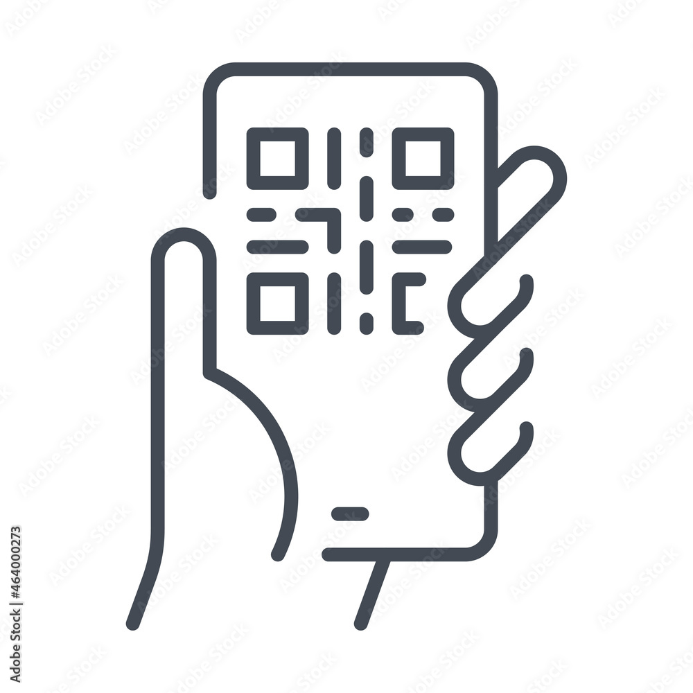 Smartphone with QR code vector line icon. Hand with mobile phone and QR code on display outline icon. Smartphone with QR code vector line icon. Hand with mobile phone and QR code on display outline icon.