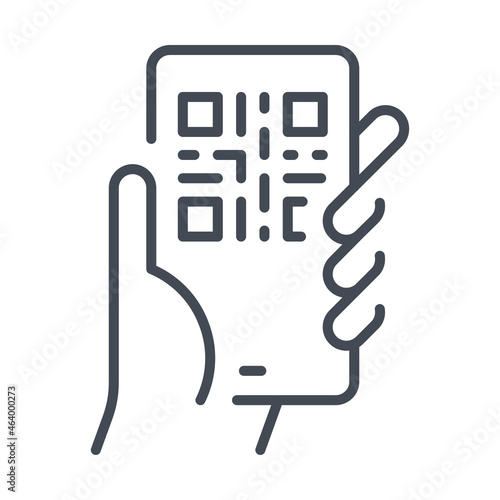 Smartphone with QR code vector line icon. Hand with mobile phone and QR code on display outline icon.