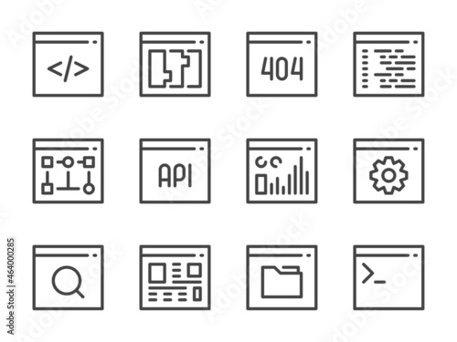 Website development and Online application line icons. Software and Web coding vector outline icon set.