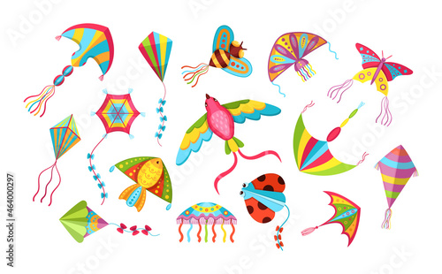 Children games paper flying kites toys set. Flying wind playthings for summer outdoor activity