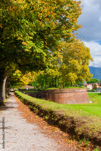 Fototapeta Naklejka Na Ścianę i Meble -  Travelling in Tuscany. The Walls of Lucca public park with St Salvador Bulwark and autumnal leaves