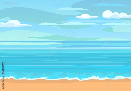 Sea beach. Summer seascape. Far away is the ocean horizon. Calm weather. Surf coastline waves. Flat style illustration. Vector.