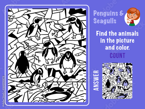 Find penguins and seagulls, color and count. Games for kids. Puzzle game with hidden objects. Funny cartoon characters. Vector illustration.