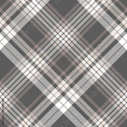 Seamless plaid check pattern in dusty taupe, pastel beige and white. All over diagonal fabric repeat. 