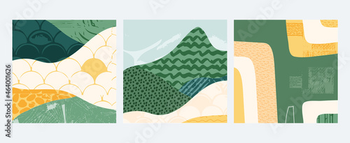 Set of abstract landscape vector social media background illustration. Countryside with colorful texture. Bundle of decorative eco cards. Nature, ecology, organic, environment postcard, poster design