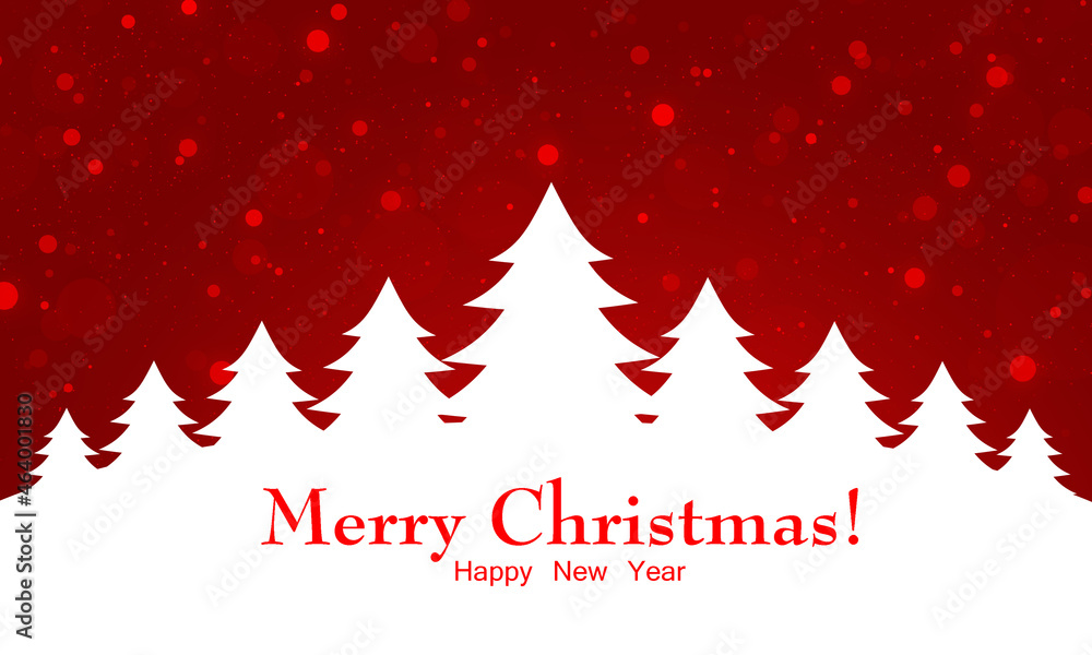 Bright red, shiny, shining Christmas background. White Christmas trees stand in a row on a white snowdrift. Red text Merry Christmas on a white background. Copy space.