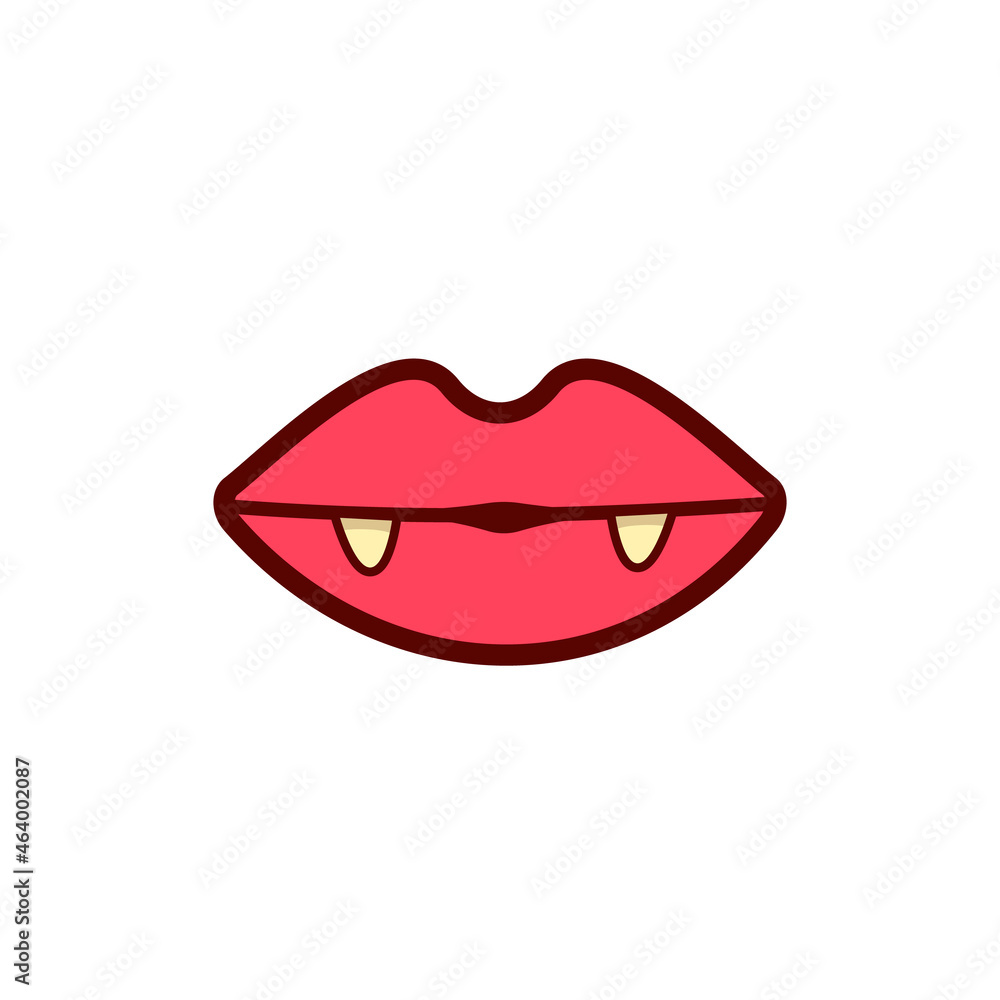 Sexy red vampire woman lips with fangs isolated on white background. Vector cartoon girl vampire mouth with vampires teeth icon or label vector illustration for printing on t-shirt