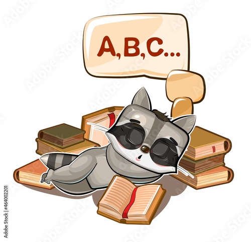 Baby Raccoon sleeps on books. Dreaming of a dream with letters. ABC. Childrens illustration. Nice. The baby animal fell asleep. Cartoon style picture. Isolated on white background. Vector