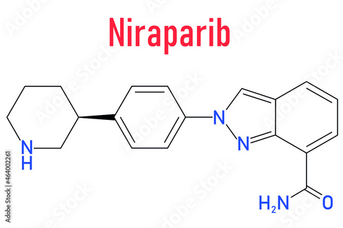 Niraparib cancer drug molecule (PARP inhibitor). Skeletal formula.