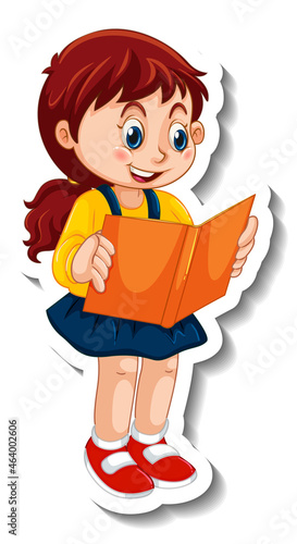 Sticker template with a girl reading a book cartoon character isolated