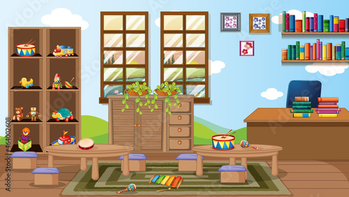 Empty kindergarten room with classroom objects and interior decoration
