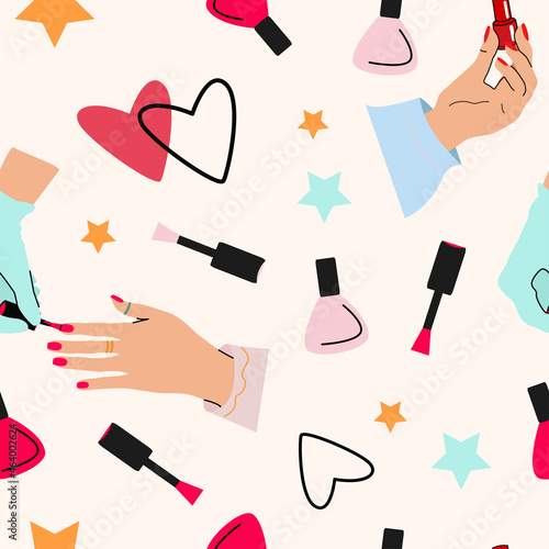 Seamless pattern of women's hands, manicure, nail polish, hearts, stars. For packaging, wallpaper, website, textiles. Vector eps10