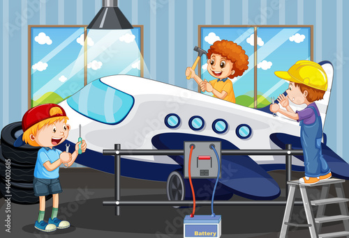 Scene with children repairing plane together