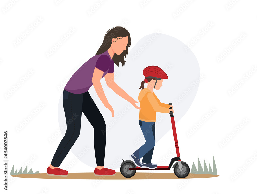 Young woman, mother teach daughter, girl to ride a scooter, healthy lifestyle concept, family concept, flat vector illustration Young woman, mother teach daughter, girl to ride a scooter, healthy lifestyle concept, family concept, flat vector illustration