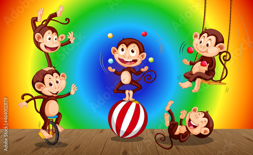 Monkeys doing different activities on rainbow gradient background