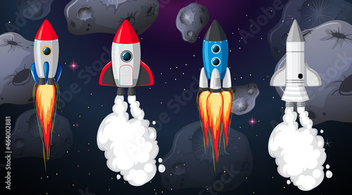 Different rocket ship in space scene