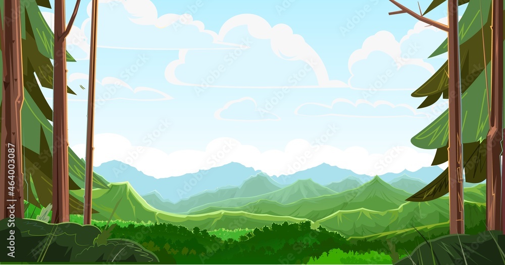 Mountains scorn in the forest away. View from the coniferous forest. Beautiful summer landscape with trees. Green pines and ate. Illustration in cartoon style flat design. Vector Mountains scorn in the forest away. View from the coniferous forest. Beautiful summer landscape with trees. Green pines and ate. Illustration in cartoon style flat design. Vector